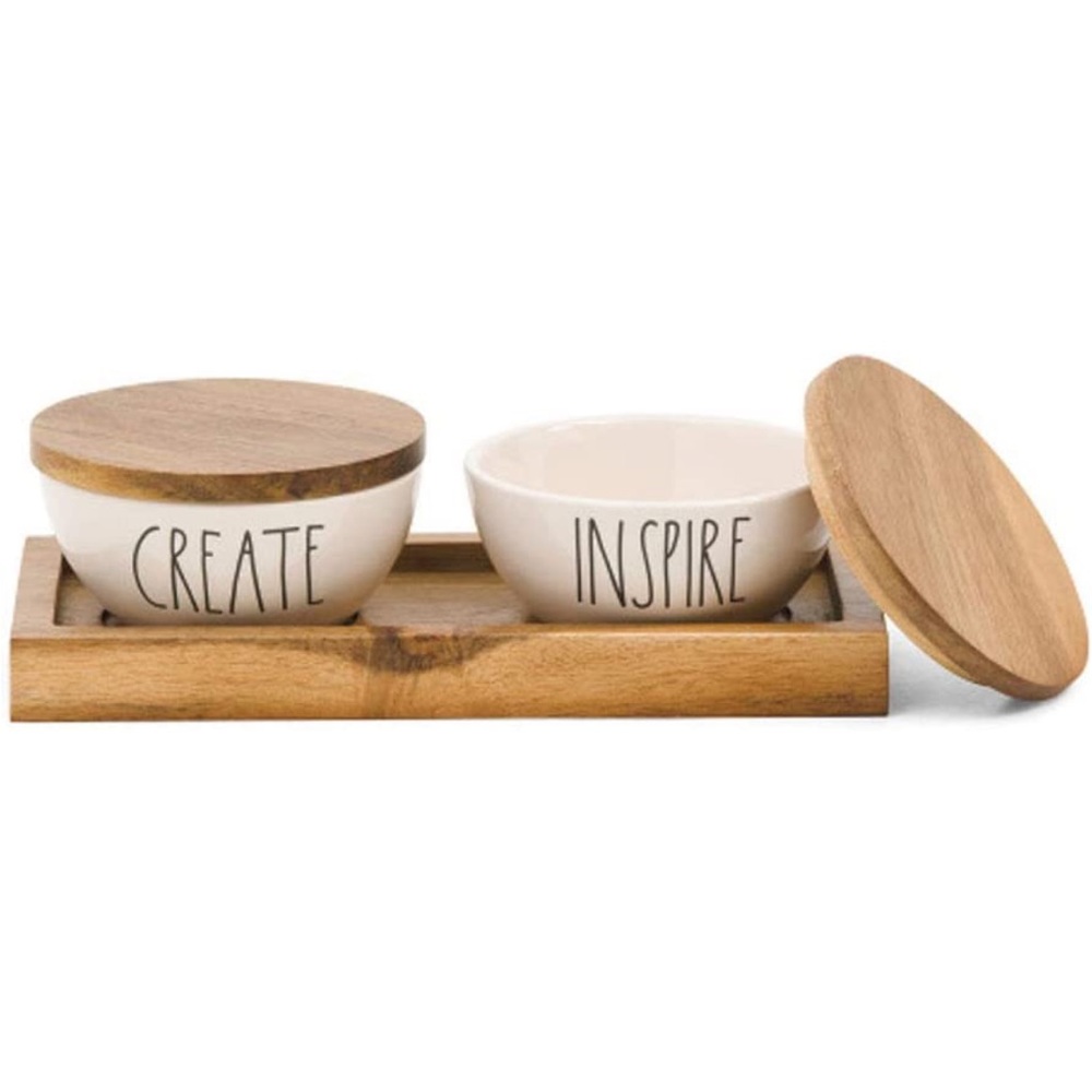 NWT Rae Dunn Set of 2 Wood Lid Pinch Bowls Create & Inspire